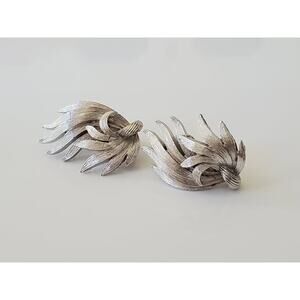 Mid-Century Lisner Brushed Silver Abstract Clip On Earrings